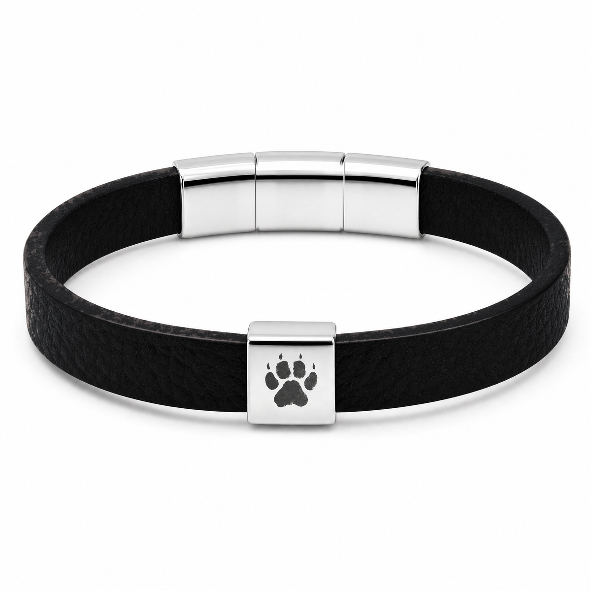 Shepherd Men's Bracelet (Black): black flat strap with a silver-tone clasp featuring a paw print
