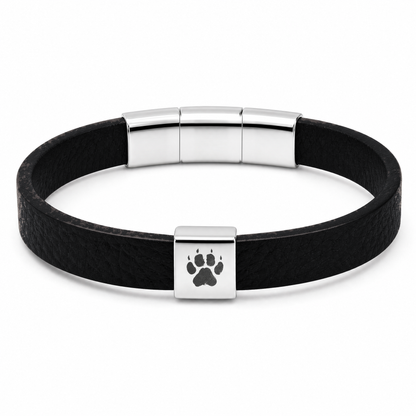 Shepherd Men's Bracelet (Black): black flat strap with a silver-tone clasp featuring a paw print