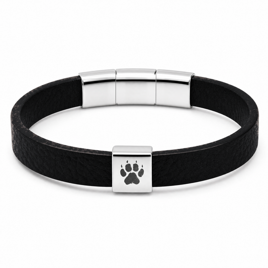 Shepherd Men's Bracelet (Black): black flat strap with a silver-tone clasp featuring a paw print