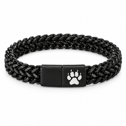 Raven Men's Bracelet: black link chain with a matte black clasp featuring a paw print