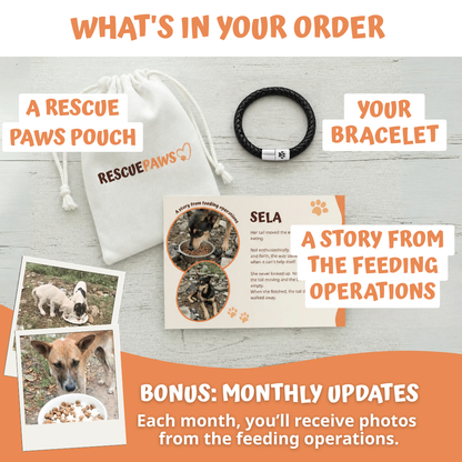 What's in your Rescue Paws order: men's bracelet, pouch and story card